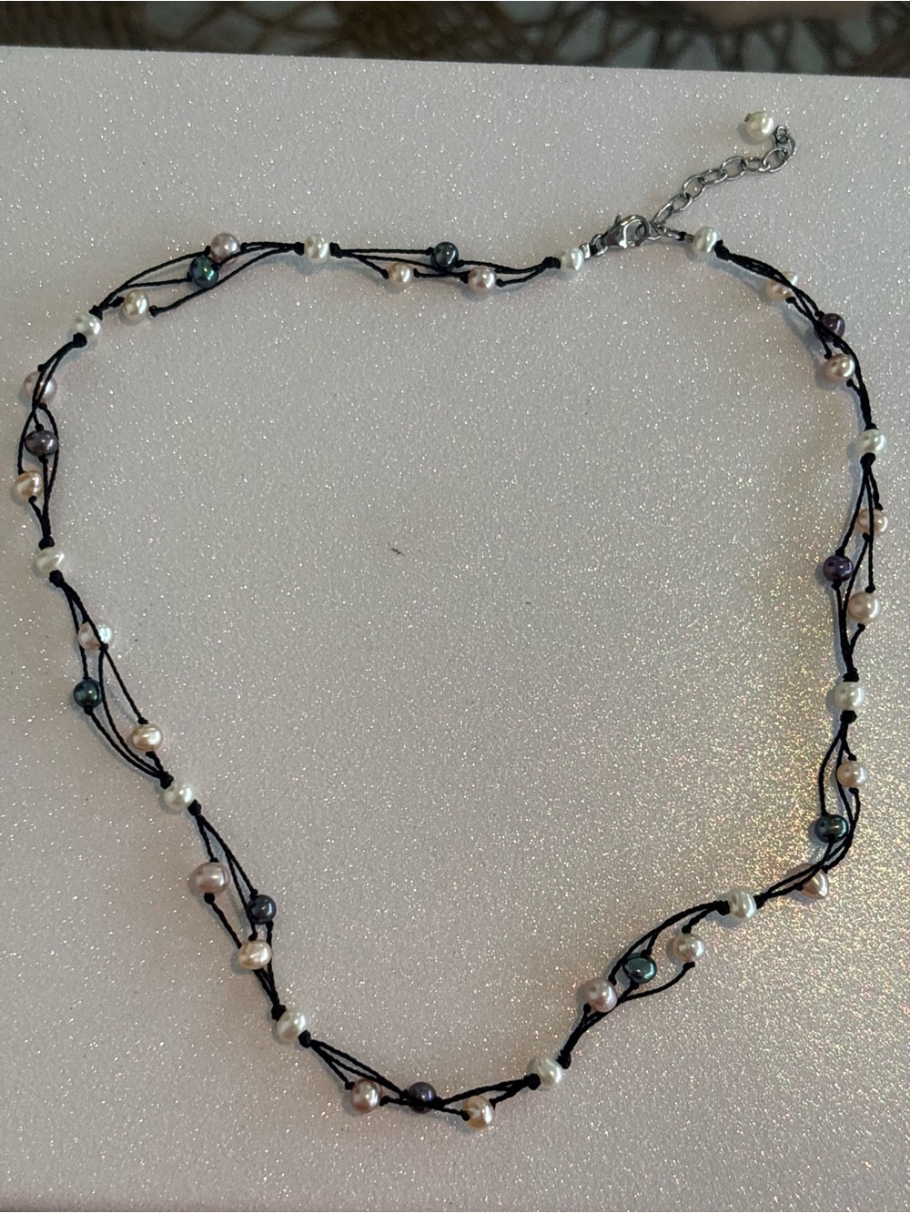 Sterling Silver, Fabric Cord, and Pearl Necklace